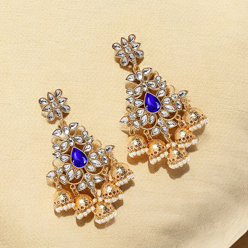 CJ100117Blu Stefan Traditional Dangler Big Jhumki Earrings with Blue Kundan