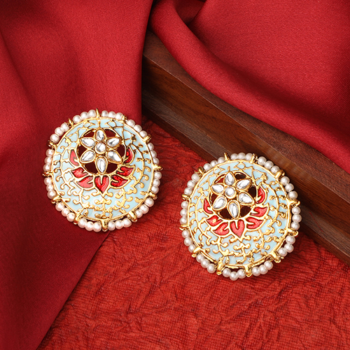 CJ100122 Gold Plated Meenakari Floral Stud Earrings