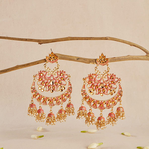 CJ100135 Stefan Traditional Gold Plated Pink Meenakari Peacock Chandbali Jhumki Earring For Women