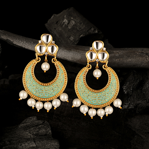 CJ100136 Stefan Ethnic Gold Plated Light Green Meenakari Kundan and Pearl Dangler Earring For Women