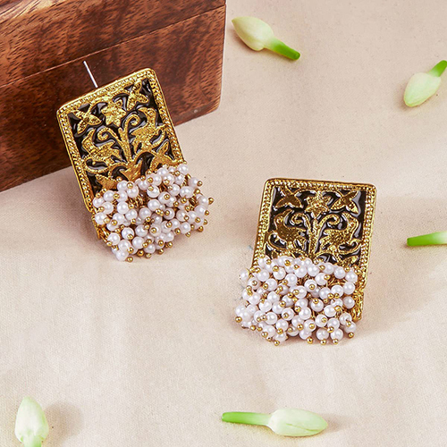 CJ100138Bla Stefan Ethnic Meenakari Work Rectangular Shape Dangler Earring with Artificial Pearl for Women