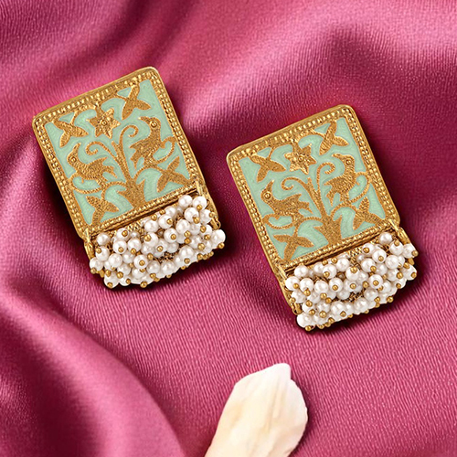 Fir Stefan Ethnic Meenakari Work Rectangular Shape Dangler Earring with Artificial Pearl for Women