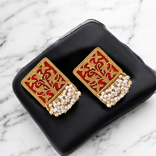 Red Stefan Ethnic Red Meenakari Work Rectangular Shape Dangler Earring with Artificial Pearl for Women