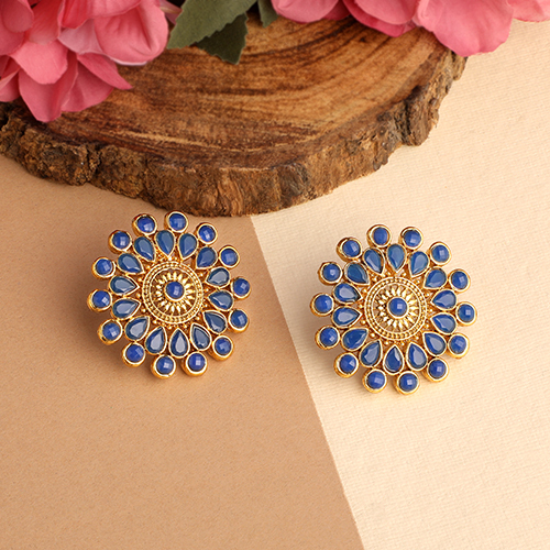 CJ100139BLU Stefan Ethnic Gold Plated Blue Kundan Circular Stud Earring For Women