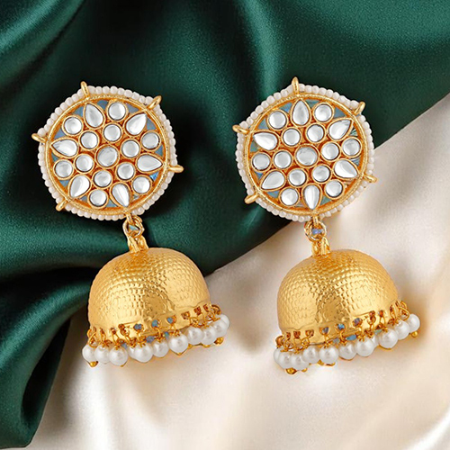 CJ100150WH Stefan Traditional Gold Plated White Kundan Jhumki Earring For Women