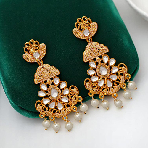 CJ100174 Stefan Traditional Gold Plated White Kundan Dangler Earring For Women