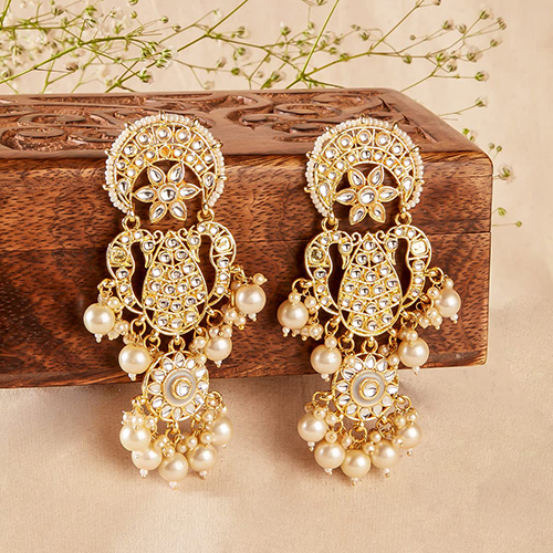 Stefan Gold Plated Traditional White Kundan Long Dangler Earrings