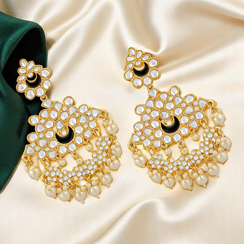 CJ100204 Stefan Ethnic Gold Plated White Kundan Chandbali Earring For Women