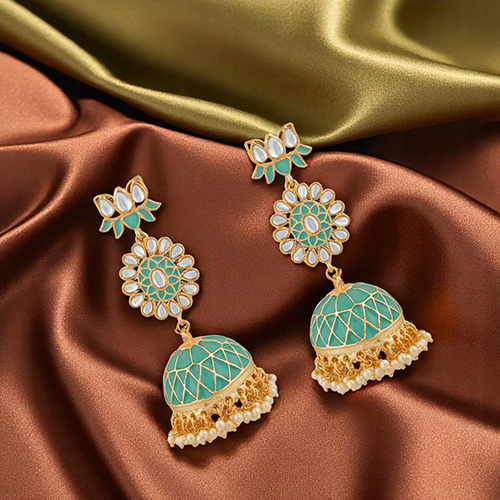CJ100206FRZ Stefan Ethnic White Kundan Lotus Flower Shaped Green Meenakari Work Dangler Jhumki Earring For Women