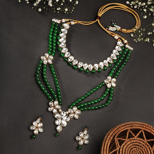CJ100216 Stefan Traditional Ethnic Jewellery Set with Kundan and Green Beads for Women