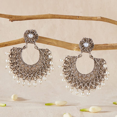 Stefan Rhodium Plated Traditional Chandbali Earrings with Artificial Pearl for Women