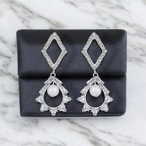 Stefan Rhodium Plated White AD Stone And Artificial Pearl Dangle Drop Earring for Women