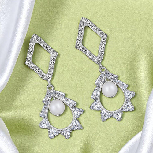 Stefan Rhodium Plated White Ad Stone And Artificial Pearl Dangle Drop Earring For Women - Color: Different Available