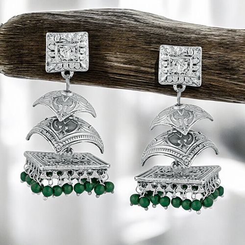 Cj100133 Srefan Ethnic Oxidised Plated Rectangular Shape Green Beads Jhumki Earring For Women - Color: Different Available