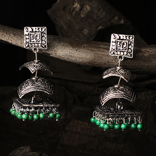 CJ100133 Srefan Ethnic Oxidised Plated Rectangular Shape Green Beads Jhumki Earring For Women