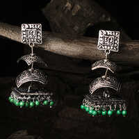 CJ100133 Srefan Ethnic Oxidised Plated Rectangular Shape Green Beads Jhumki Earring For Women
