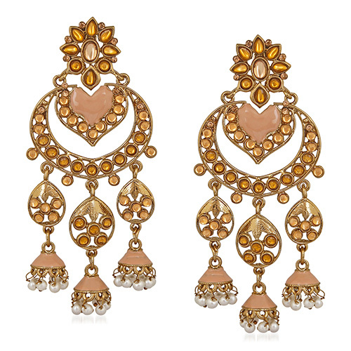 CJ100243 Stefan Traditional Floral Heart Layered Jhumki Long Dangler with Kundan and Artificial Pearl for Women