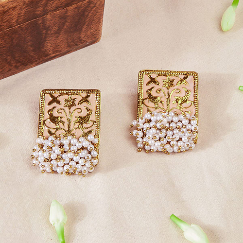 CJ100138Pch Stefan Ethnic Meenakari Work Rectangular Shape Dangler Earring with Artificial Pearl for Women
