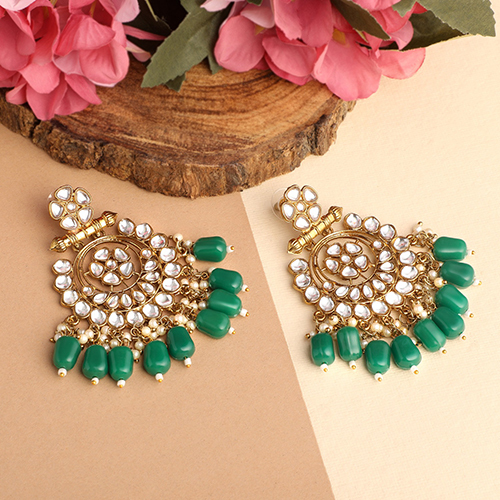 Stefan Traditional Gold Plated Green Beads and White Kundan Chandbali Earring For Women