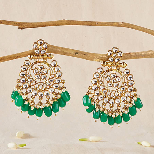 CJ100175 Stefan Traditional Gold Plated Green Beads and White Kundan Chandbali Earring For Women