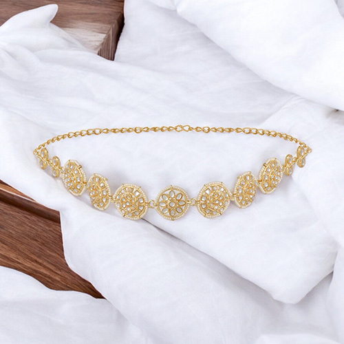 MP100102 Stefan Gold Tone Kundan Floral Ethnic Head Chain For Women