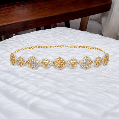 MP100103 Stefan Gold Tone White Kundan Floral Traditional Sheeshphool For Women