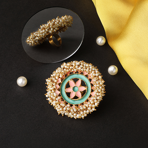 Stefan Ethnic Gold Plated Pink and Firozi Meenakari Kundan and Pearl Finger Ring For Women
