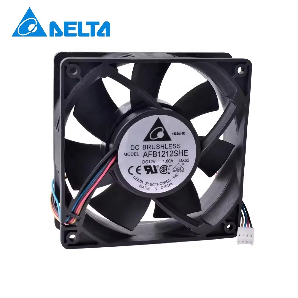 Delta Afb1212She 12038 120X120X38Mm 12Cm 12V Dc 1.60A 190Cfm 4100Rpm Ball Bearing Wire Leads Cabinet Axial Cooling Fan - Color: Black