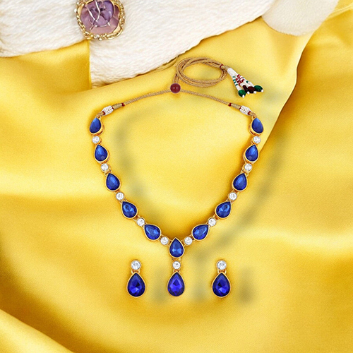 CJ4001BLU Stefan Gold Plated Kundan And Crystal Traditional Necklace set For Women