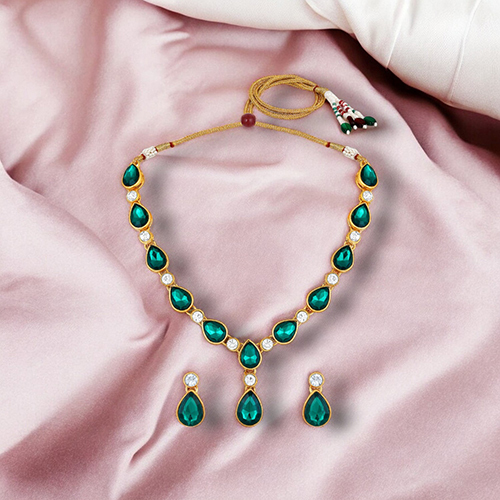 CJ4001GRN Stefan Gold Plated Kundan And Crystal Traditional Necklace Set For Women