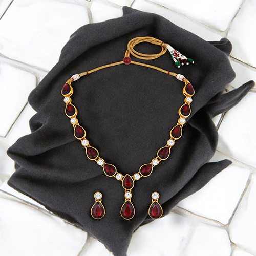 CJ4001MRN Stefan Gold Plated Kundan And Crystal Traditional Necklace Set For Women