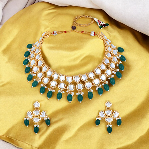 Cj4002Grn Stefan Light Gold Plated Multicolor Kundan Traditional Choker Necklace Set For Women - Color: Different Available