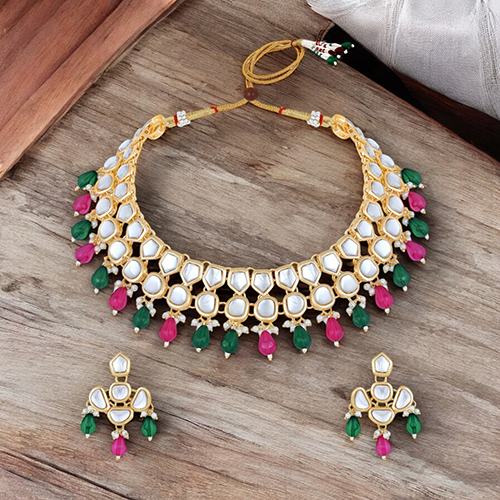 CJ4002MUL Stefan Light Gold Plated Multicolor Kundan Traditional Choker Necklace Set For Women