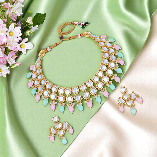 CJ4002PB Stefan Light Gold Plated Multicolor Kundan Traditional Choker Necklace set For Women