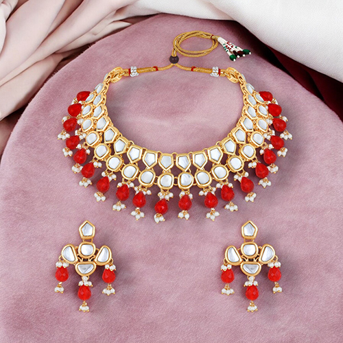 CJ4002RED Stefan Light Gold Plated Multicolor Kundan Traditional Choker Necklace set For Women