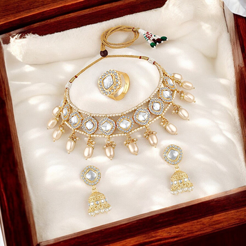Stefan Traditional Necklace Set Adjustale Finger Ring with White Kundan And Moti for Women