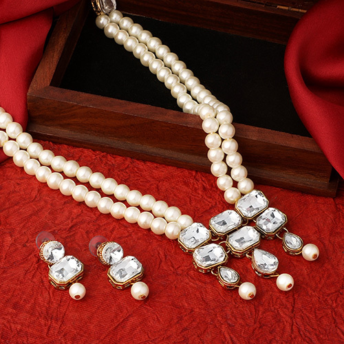 CJ100262 Stefan Traditional Kundan Studded Artificial Pearl Necklace Jewellery Set with Earrings For Women