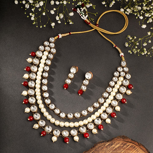 MRN Stefan Gold Toned Maroon Crystal Studded Beaded Layered Necklace And Earrings Set MRN Stefan Gold Toned Maroon Crystal Studded Beaded Layered Necklace And Earrings Set