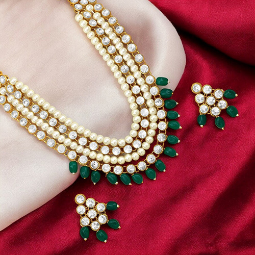 Stefan Traditional Ethnic Mehandi Plated Necklace Set with Green Pearl and Kundan for Women