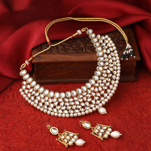 CJ100383 Stefan Traditional Gold Plated White Kundan Necklace Set for Women