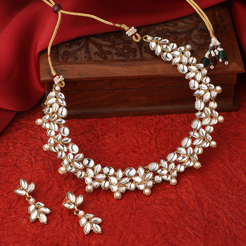 Stefan Traditional Gold Plated White Floral Necklace Set for Women