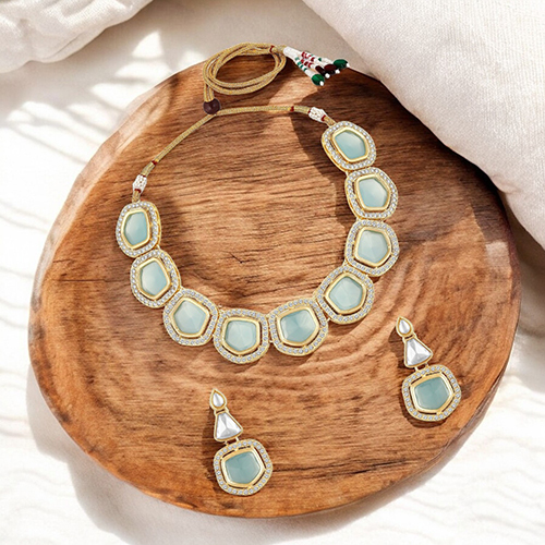 Stefan Traditional Necklace Set Adjustale Finger Ring with Blue Kundan And Crystals for Women