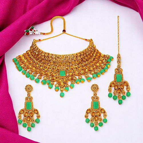 CJ100410 Stefan Traditional Ethnic Gold Plated Jewellery Set with Brown and Green Kundan and Pearl for Women