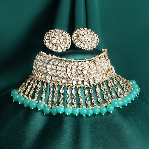 CJ100413FIR Stefan Traditional Ethnic Gold Plated Necklace Set with Green and White Kundan and Pearl for Women