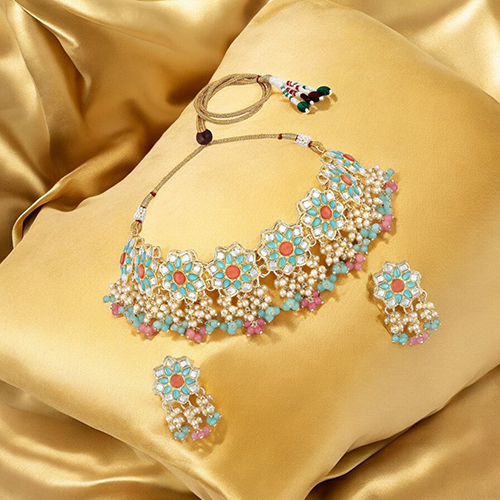 Stefan Traditional Floral Necklace Set Adjustale Finger Ring with Multicolor Kundan And Meenakari Work for Women