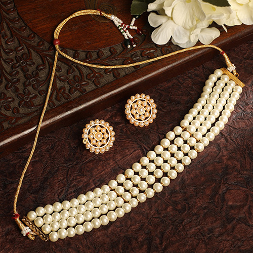 Stefan Gold Plated White Pearl Choker Necklace Set - Color: Different Available