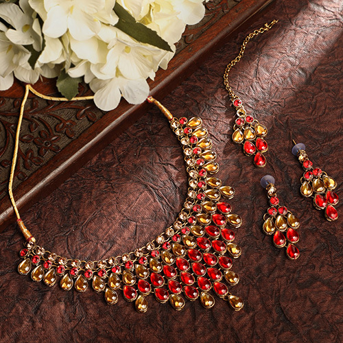 CJ100566 Elegant Golden Red Color Gold Plated Pearl and Stone Necklace Set
