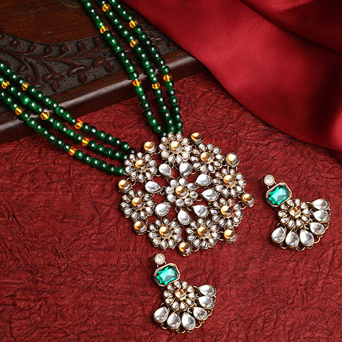 CJ100570 Stefan Green Beaded Kundan Long Necklace And Earrings Set