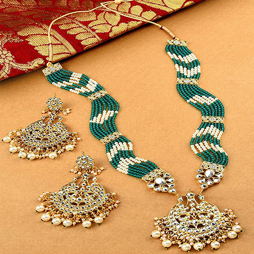 CJ100579 Green And White Gold Plated Kundan Studded Bridal Jewellery Set