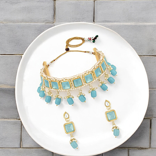 CJ4010 Stefan Traditional Necklace Set Adjustale Finger Ring with Blue Kundan And Crystals for Women